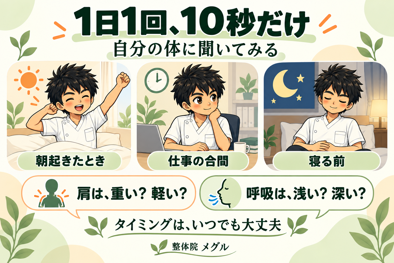 1日1回10秒だけ、朝・仕事の合間・寝る前に肩の重さや呼吸の深さを確かめる図解