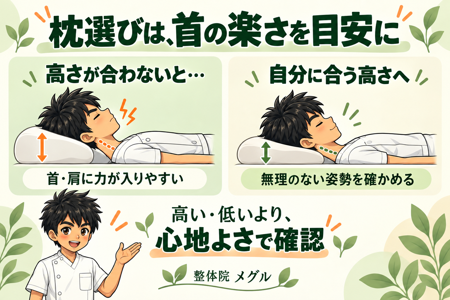 枕の高さが合わない姿勢と自分に合う高さの比較。首の楽さと心地よさを目安に確認する図解