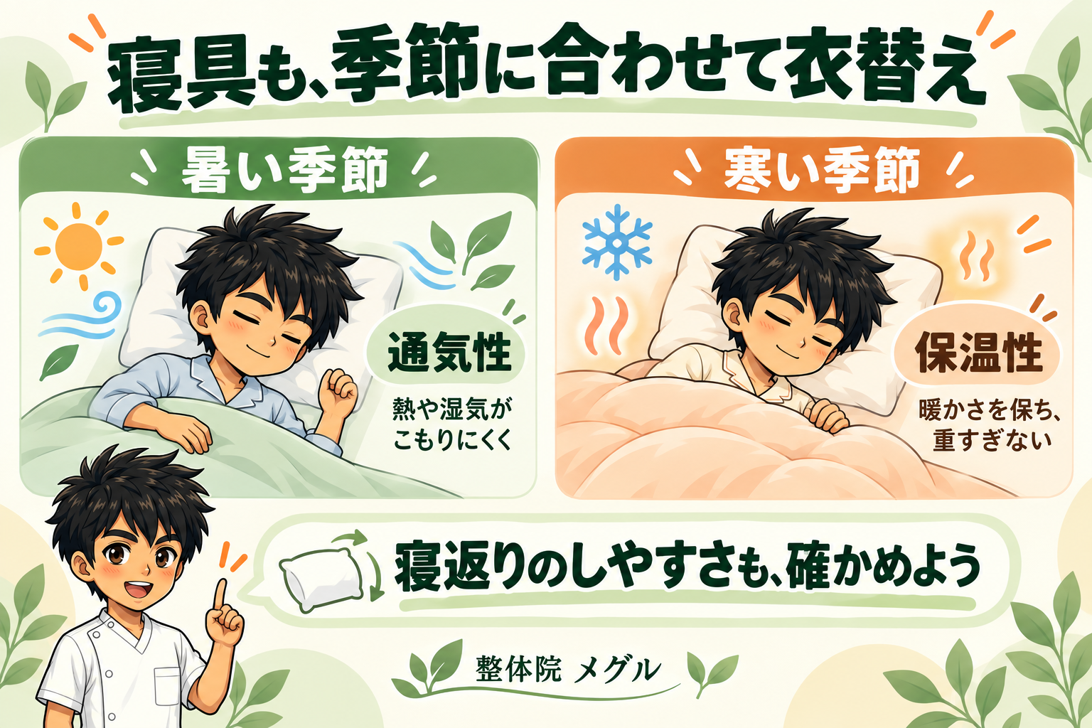 夏は通気性、冬は保温性という季節ごとの寝具の比較図