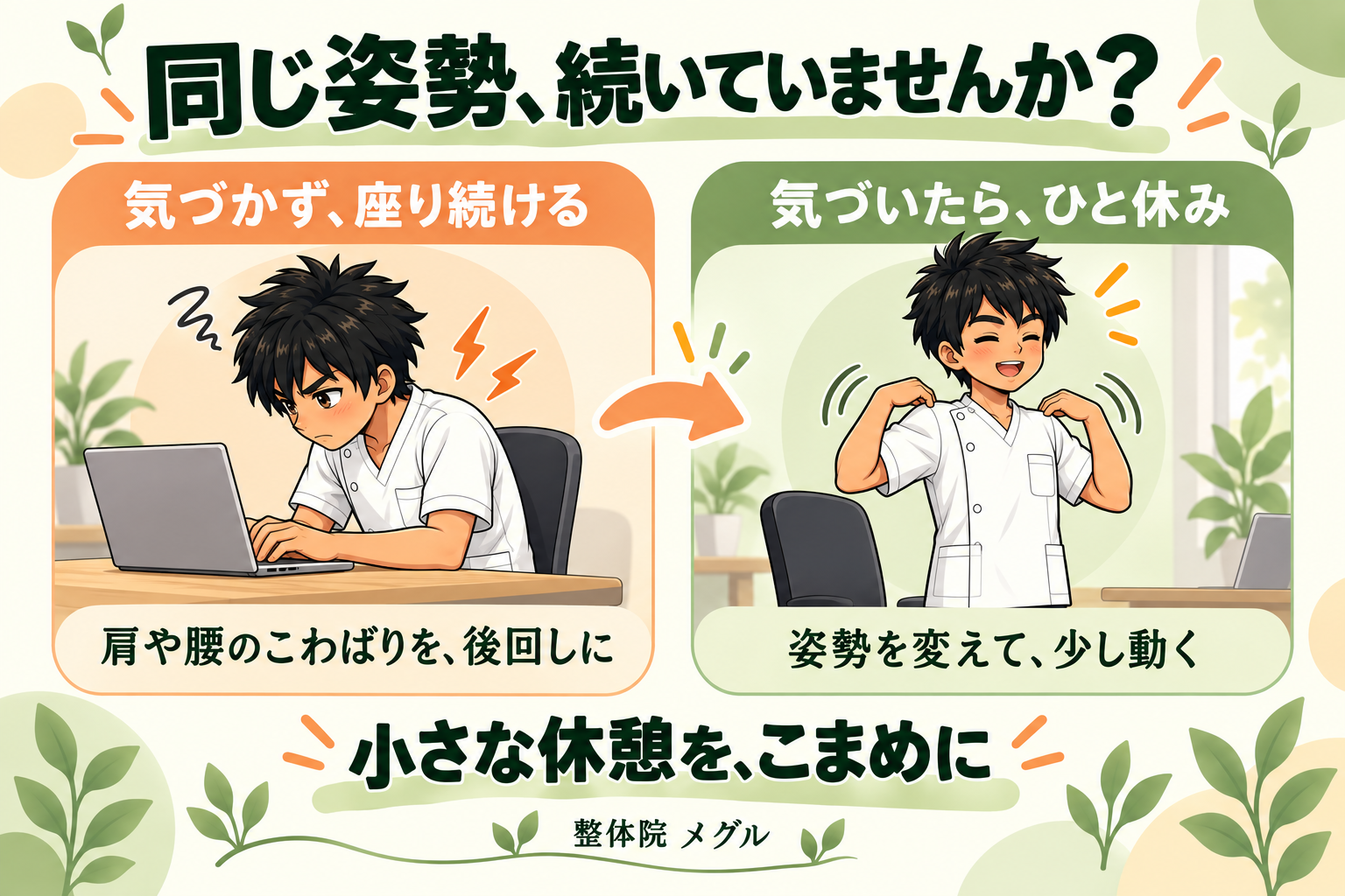 同じ姿勢で座り続ける状態と、気づいたら立って姿勢を変え少し動く状態の比較図。小さな休憩をこまめに