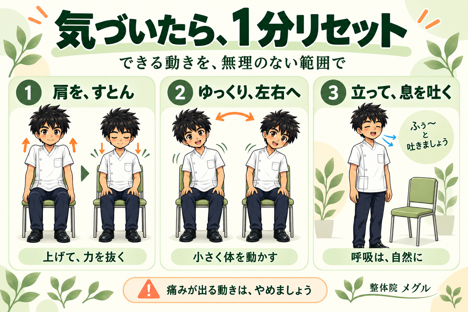 1分リセットの3つの動作。肩を上げて力を抜く、座ってゆっくり左右へ動く、立って自然に息を吐く