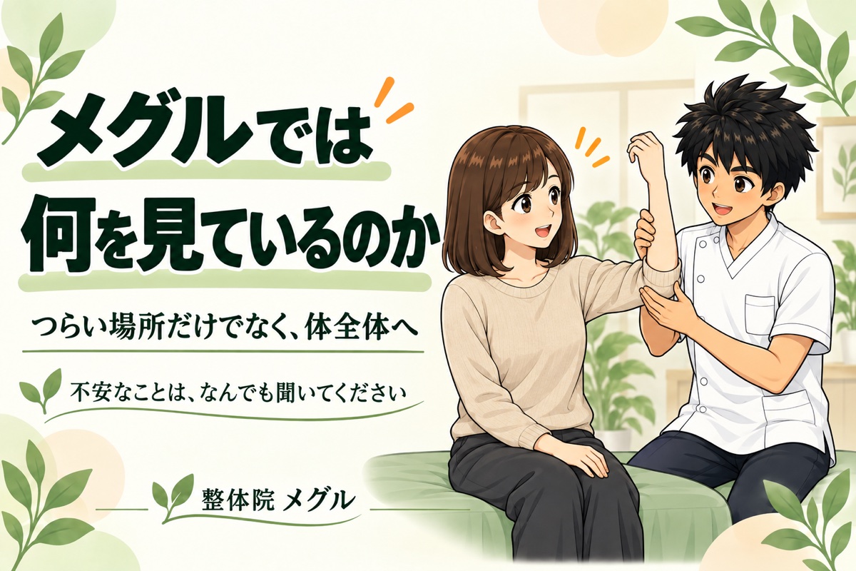 メグルでは何を見ているのか｜整体とは？マッサージとの違いと、肩こりはどっちに行けばいいか