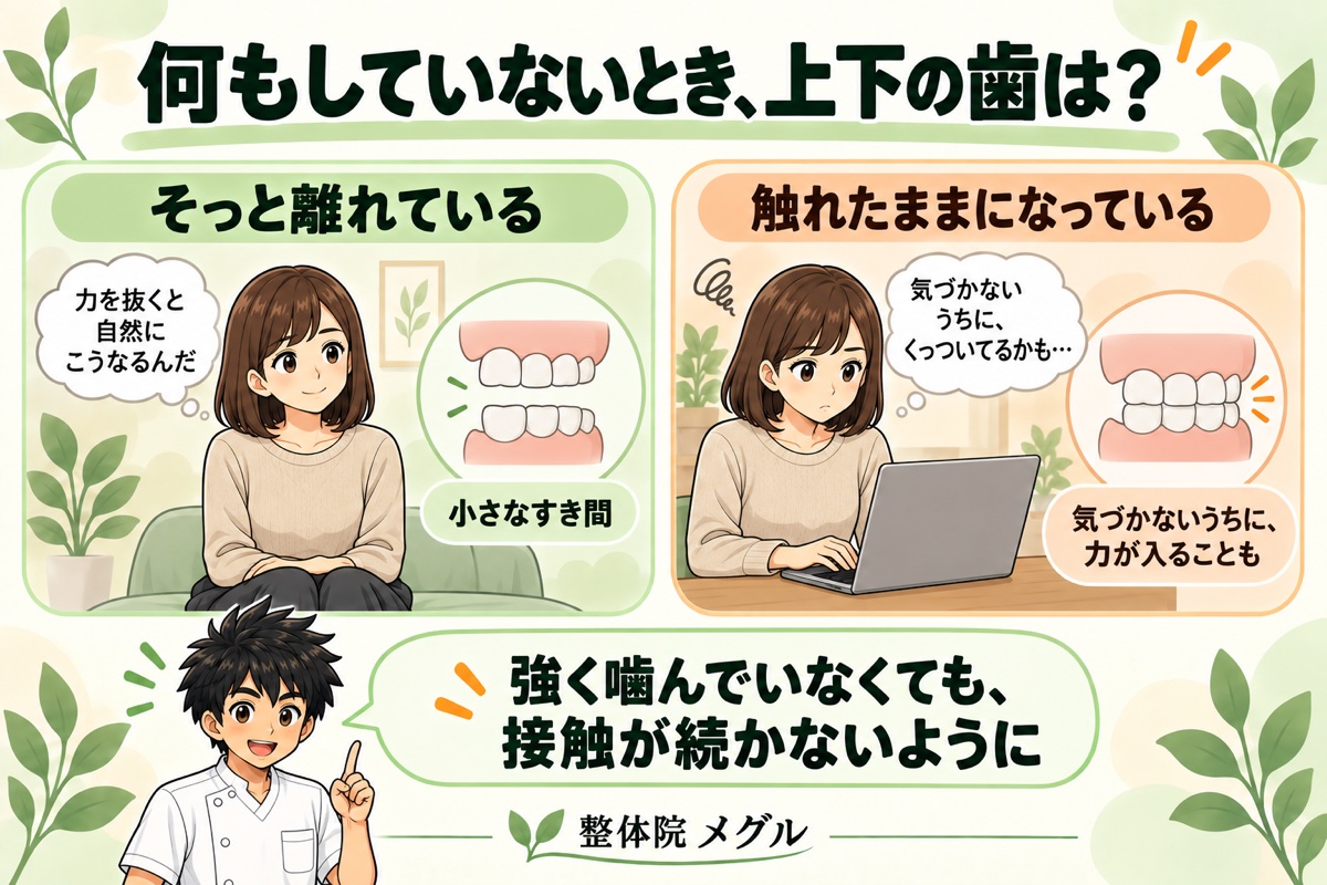 何もしていないとき、上下の歯は？そっと離れている状態と、触れたままになっている状態の比較