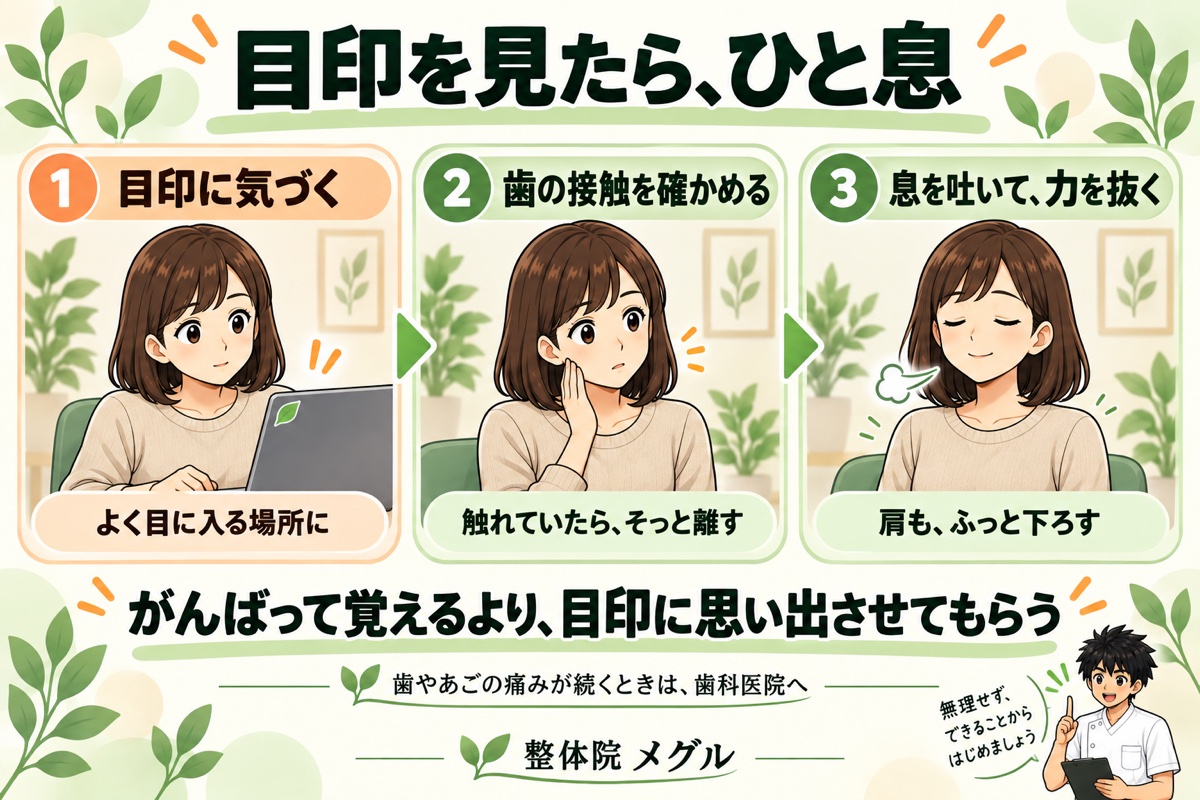 目印を見たら、ひと息。目印に気づく・歯の接触を確かめる・息を吐いて力を抜くの3ステップ