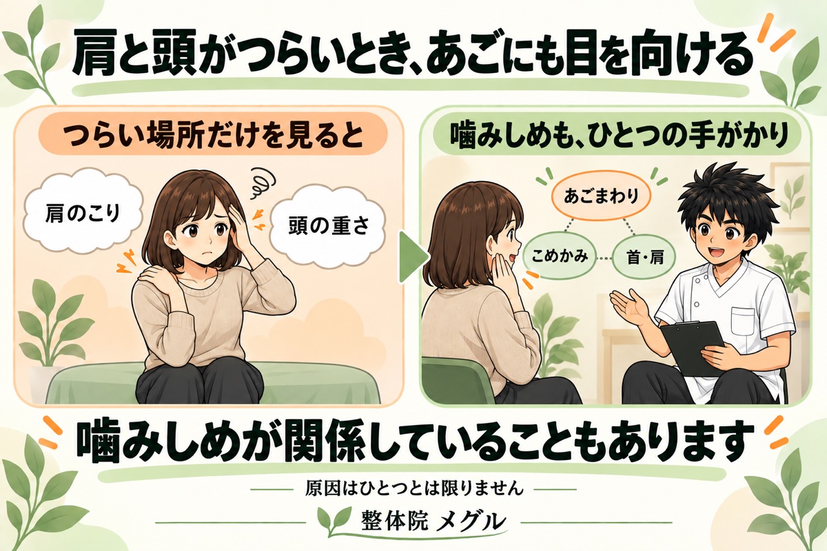 肩と頭がつらいとき、あごにも目を向ける。つらい場所だけを見る場合と、食いしばりも手がかりにする場合の比較