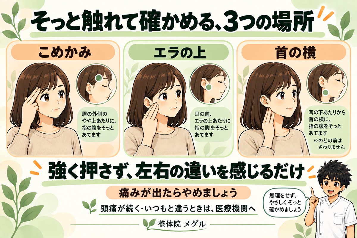 そっと触れて確かめる3つの場所。こめかみ・エラの上・首の横。強く押さず左右の違いを感じるだけ