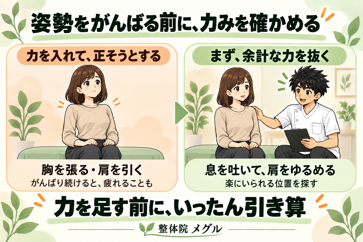 姿勢をがんばる前に、力みを確かめる。力を入れて正そうとする場合と、まず余計な力を抜く場合の比較