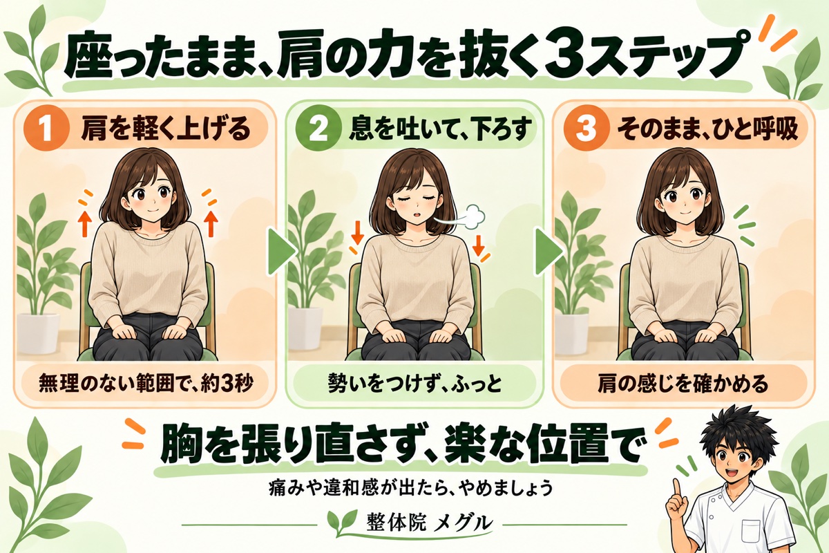 座ったまま、肩の力を抜く3ステップ。肩を軽く上げる・息を吐いて下ろす・そのままひと呼吸
